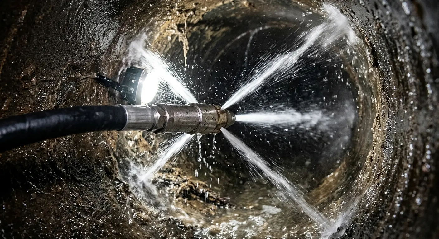 High-pressure hydro jetting nozzle cleaning sewer pipe for Sewer Line Relining in Sodus
