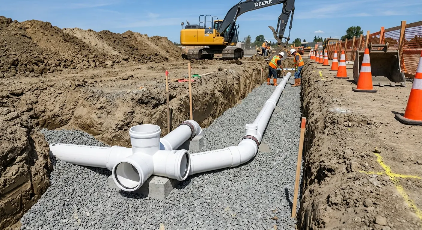 New PVC sewer pipe installation in open trench for Commercial Drain Cleaning in Sodus