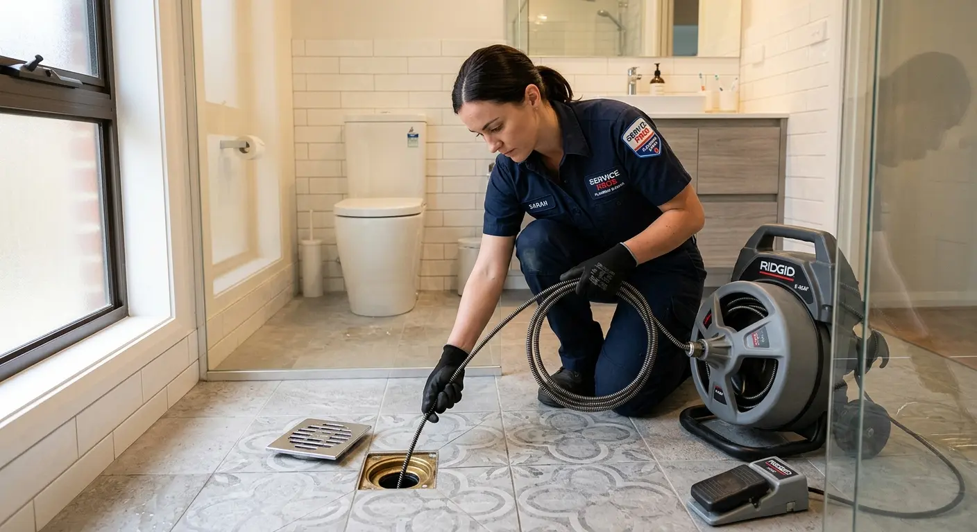 Technician clearing a bathroom floor drain for Sewer Line Replacement in Sodus